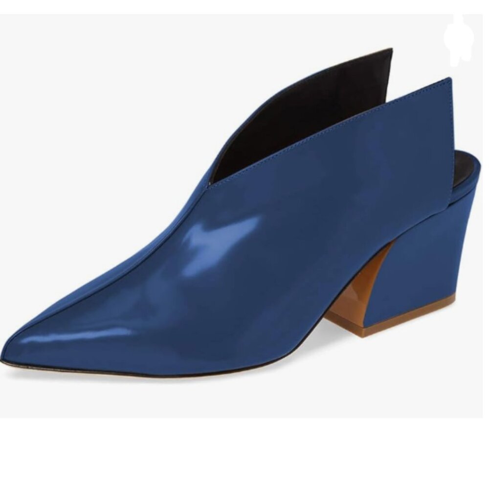 XYD Patent Navy Pointed-Toe Block Heel Mule